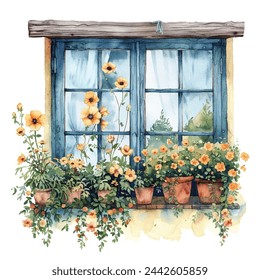 windows flowers scenery vector illustration in watercolour style