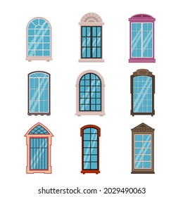 Windows frames flat. Colorful various wooden and plastic window frame with window sills, exterior architectural house wall element. Building modern and classic exterior vector isolated set