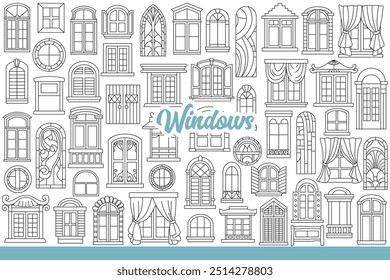 Marcos de ventanas y vidrieras, decorados con cortinas y alféizares de diferentes estilos arquitectónicos. Ventanas para fachadas de casas de una planta o edificios de gran altura. Dibujado a mano.