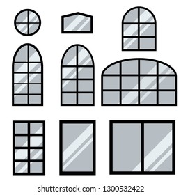 Windows with glow in flat design. Collection of various windows types.