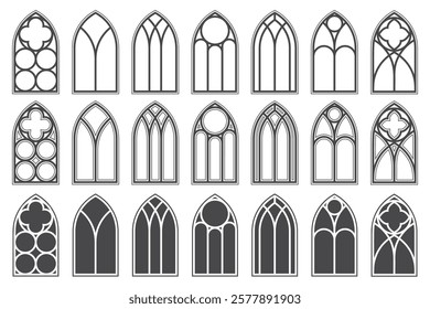 Windows of gothic church with stained glass arches. Vector frames with medieval vintage patterns in Catholic cathedral. Old border shapes of European architecture design.