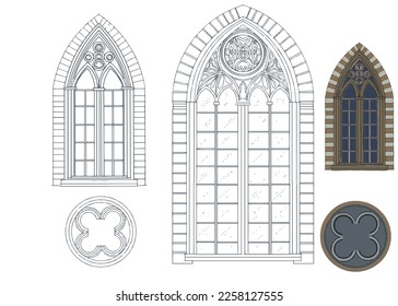 
Detalles de vidrio de arquitectura gótica de Windows dibujado a mano y marcos fijados sobre fondo blanco. Color blanco y negro y colores de ilustración y color para niños y adultos antiestrés