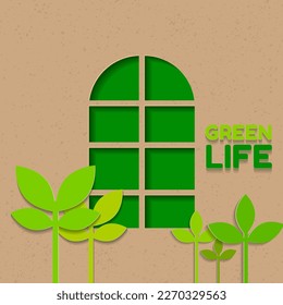 windows with green leaf paper cut  vector illustration