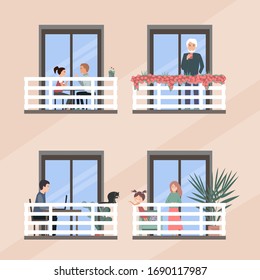 Windows with happy people doing daily things in their apartments - drinking tea, talking, playing or working. Covid quarantine concept, stay at home activities. Vector flat illustration.