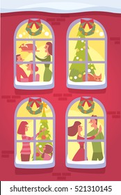 Windows of holiday city with people celebrating Christmas