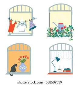 Windows and home funny set in retro style - vector graphic illustration