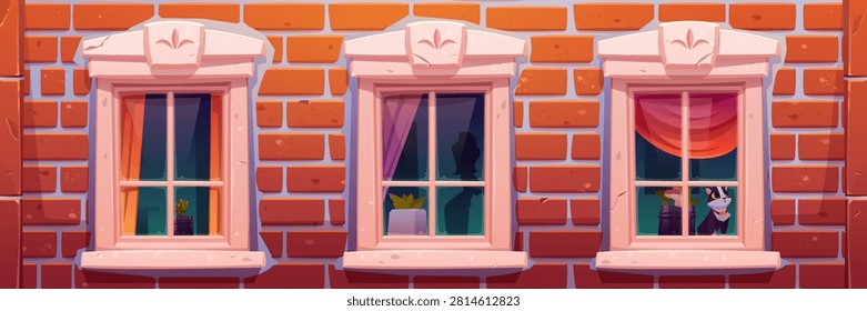 Windows of house or castle, brick wall facade with vintage casements decorated with curtains and home plants, cat sitting on windowsill inside, building archeticture design Cartoon vector illustration