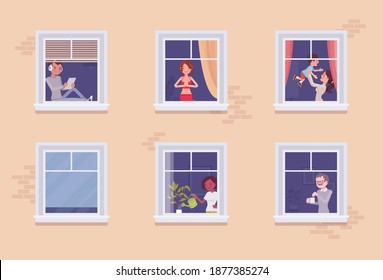 Windows of a house with different neighbours. Multi-storey building, people spending time staying home to enjoy safe comfortable private, personal life indoors. Vector flat style cartoon illustration