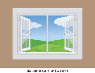 Windows of a house open facing nature, vector illustration isolated, eps