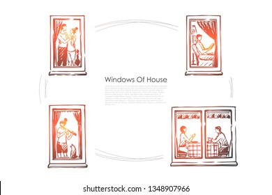 Windows of house - people dancing, reading, playing music, eating in windows of their flats vector concept set. Hand drawn sketch isolated illustration