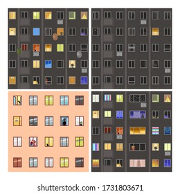 Windows of houses. a set of vector images of facades. dark and light Windows. people at home