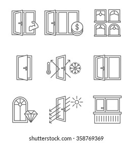 Windows icon set with door and balcony. Lines design isolated on white background - stock vector