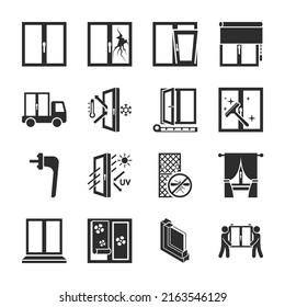 Windows icons set. Metering and installation of plastic window, surface types and additional equipment. Monochrome black and white icon.