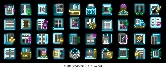 Windows installation and repair service neon icons set. Glowing sign collection with french door, jalousie, sliding sash window