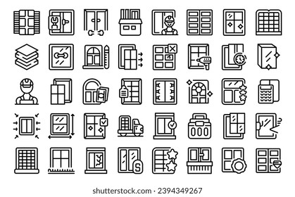 Windows installer icons set outline vector. Glass frame production. Manufacturing pvc