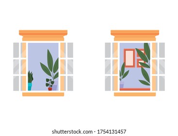 windows with interior view of plants and frames design, architecture home and house theme Vector illustration