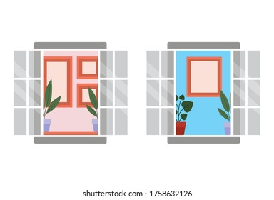 windows with interior view of plants and frames design, architecture home and house theme Vector illustration