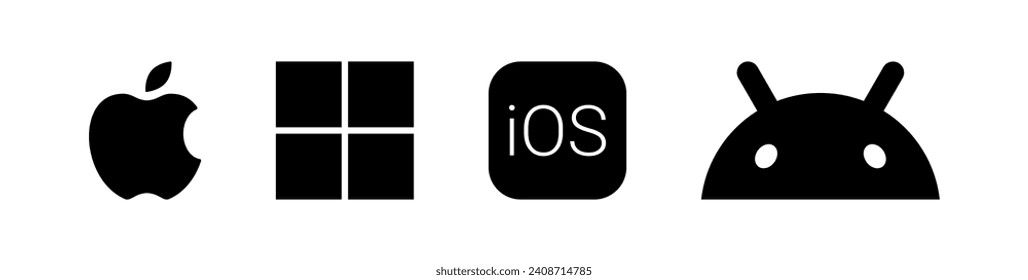 Windows, iOS, Android, MacOS - operating system logotype. Apple, Microsoft, Google company developers. Vector illustration.