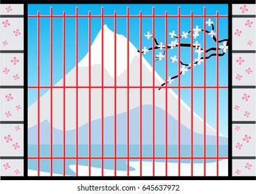 Windows of Japanese house style, with fuji mountain background view. Separated layers. Vector Illustration.