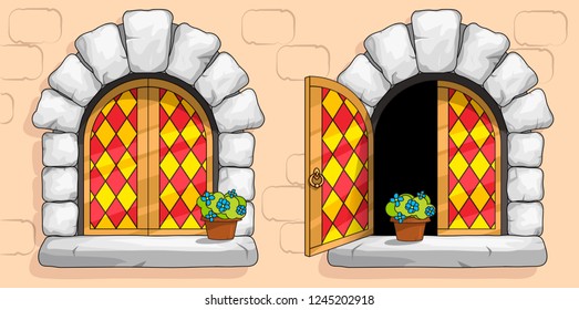 The windows of a medieval ancient old castle or fortress are framed with a gold frame. Open and closed casements with red stained glasses. White stone arch around the window. Pot with a flower. Vector