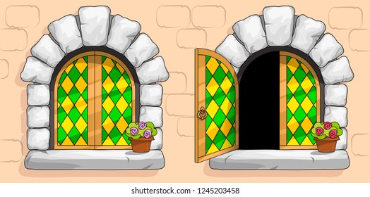 Las ventanas de un antiguo castillo medieval o fortaleza están enmarcadas con un marco dorado. Cajas abiertas y cerradas con gafas manchadas de rojo. Arco de piedra blanca alrededor de la ventana. Pot con una flor. Vector