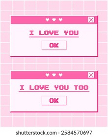 Windows with messages for Valentine's Day in the style of the 2000s. Old computer aesthetics