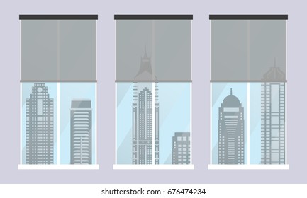 Windows with modern city view. Interior with skyscrapers in the windows. Flat design. Vector illustration.