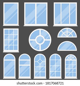 Windows, modern and vintage windows on a dark background. Vector, cartoon illustration. Vector.