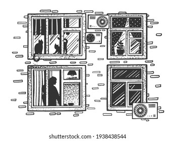 Windows of multi storey house building sketch engraving vector illustration. T-shirt apparel print design. Scratch board imitation. Black and white hand drawn image.