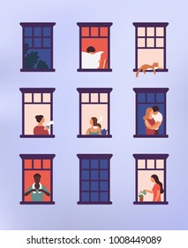 Janelas com vizinhos fazendo coisas diárias em seus apartamentos - beber chá, conversar, regar planta em vaso, abraçar ou abraçar, ler jornal. Ilustração vetorial colorida em estilo plano moderno.