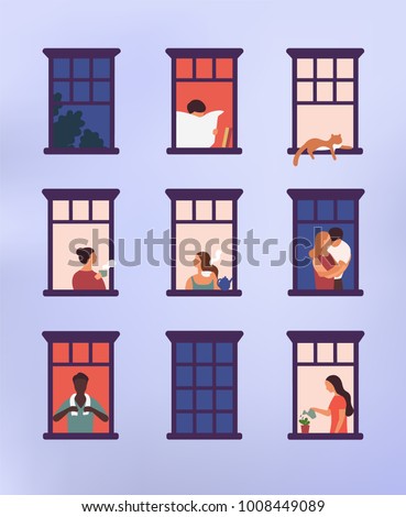 Windows with neighbors doing daily things in their apartments - drinking tea, talking, watering potted plant, hugging or cuddling, reading newspaper. Colorful vector illustration in modern flat style.