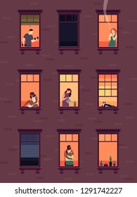 Windows with neighbors. Residential exterior window, neighborhood people talking building group fun indoors apartments, vector set