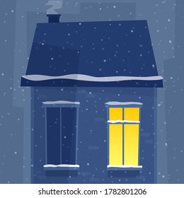 Windows in night house. Winter town with snow. Flat style vector