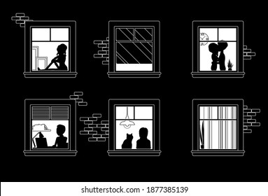 Windows of night time house with neighbours. Multi-storey building, people staying home to enjoy comfortable private, personal life indoors. Vector illustration, black, white ink pen line art drawing