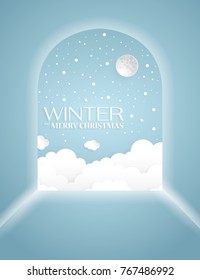 Windows Nighttime sky with full moon,clouds background,paper art