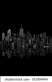 windows on abstract city skylines in black and white with reflection in water