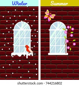 Windows on red brick wall building winter and summer comparison. Birds on snow cornice in winter, flowers and butterfly in summer.