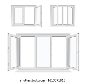 Windows with opened casements, vector white plastic frames, sills and glass panes, architecture and interior design. Realistic 3d windows with PVC, metal or aluminum profiles, locking handles