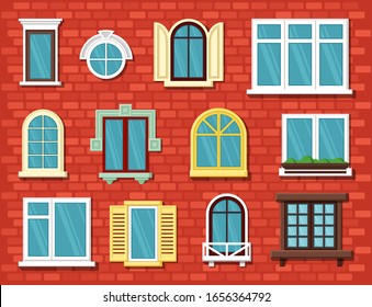 windows. outdoor home exterior objects wooden stylish window frames glasses. vector cartoon collection on brick wall