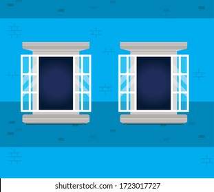 Windows outside blue house design, home and architecture theme vector illustration