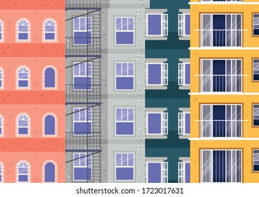 Dibujo vectorial de los edificios de color exterior de Windows, hogar y arquitectura