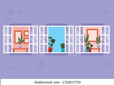 Fenster von außen mit Blick in violettes Haus Design, Haus und Architektur Vektorgrafik