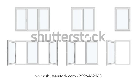 Windows panorama with plastic frames and handles on door. Vector isolated set of realistic glass for home, interior design, or architecture element for building. Constructions for light