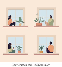 Windows with people. Neighbors in apartment. People in windows drinking tea, spending time at home. Vector cartoon illustration persons in house, illustrations isolated characters