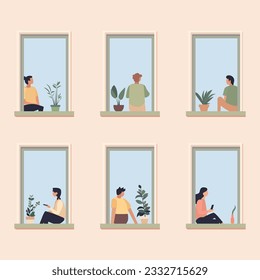 Windows with people. Neighbors in apartment. People in windows drinking tea, spending time at home. Vector cartoon illustration persons in house, illustrations isolated characters