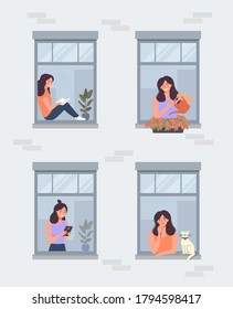 Windows with people. Vector flat illustration