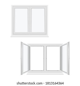 Windows plastic double-leaf open and closed models for glazing ads realistic set. Pvc constructions, part of apartment, house. Symbol of opportunities, freshness, renewal of life. Vector collection.