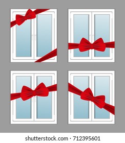 Windows plastic with red ribbon and bow as a gift. Set illustrations. Vector.