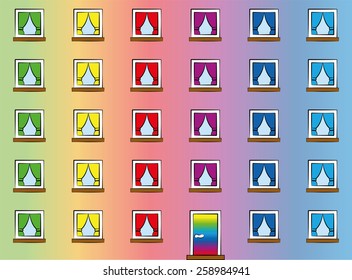 Windows of a rainbow colored house where the happy residents put up colorful curtains. Seamless wallpaper vector illustration.