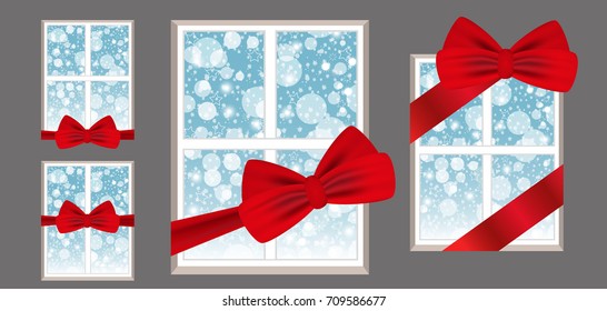 Windows with red ribbon and bow as a gift with a winter view. Set illustrations. Vector.